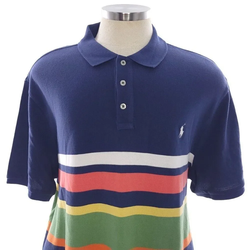 Polo Ralph Lauren Classic Navy Striped Short Sleeve Polo Cotton Shirt Mens XXL